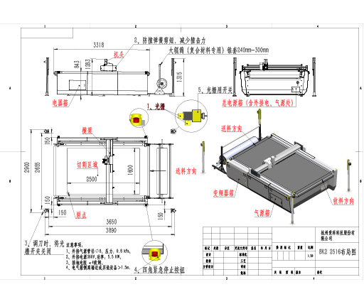 BK2 2516 layout drawing Add grating, emergency stop switch, large roller (for composite material) taper sleeve 240mm-300mm